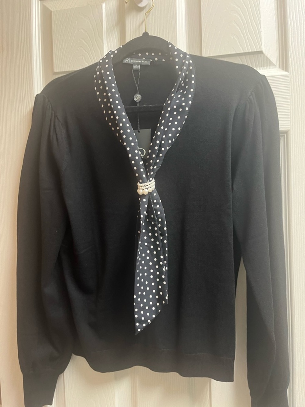 Adrianna Papell Black Sweater with Polka Dot Scarf